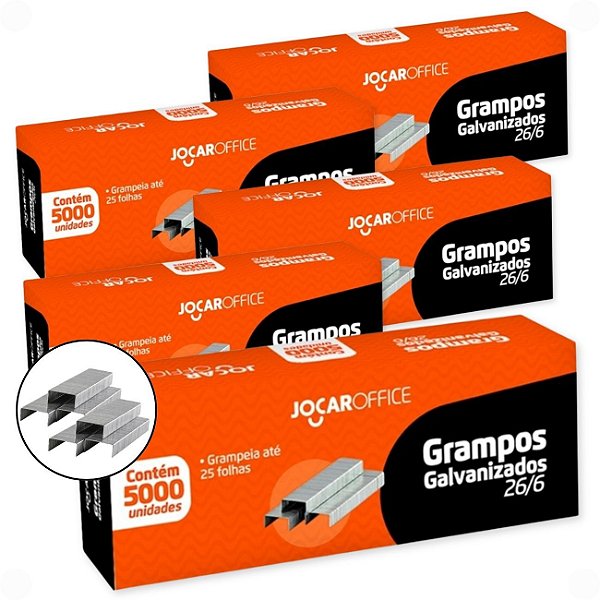 Kit 5 Caixas de Grampo Galvanizado para Grampeador 26/6 com 5000un Jocar Office