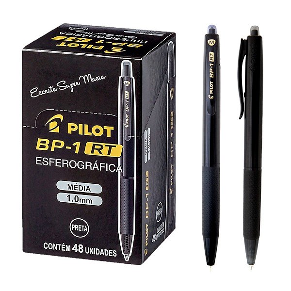 Caneta Retrátil Emborrachada BP1 RT Preta Media Cx 48un Pilot Made in Japan