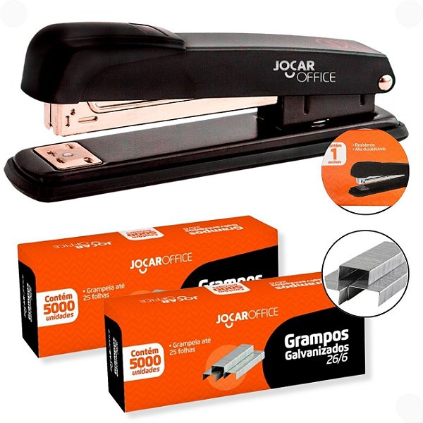 Kit Grampeador Metal Preto Grande 15cm + 10000 Grampos 26/6 Galvanizado Ideal para Escritórios Lojas Escolas