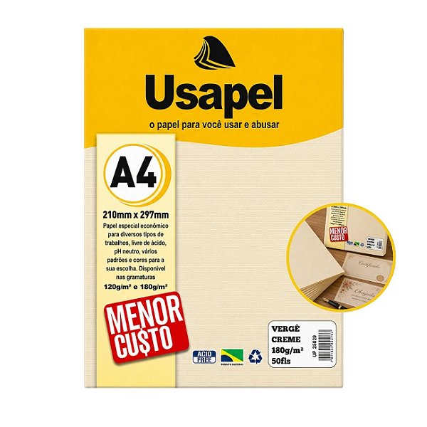 Papel Vergê A4 180g Pacote 50 Folhas Cor Creme Usapel