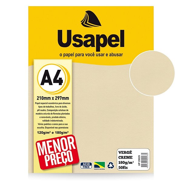 Papel Vergê A4 180g Pacote 50 Folhas Cor Creme Usapel