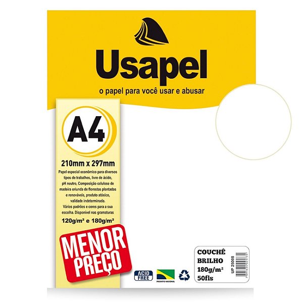 Papel Couchê A4 180g Pacote 50 Folhas Cor Branco Usapel