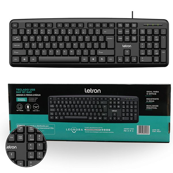 Teclado USB Office com Fio Day by Day Preto Letron