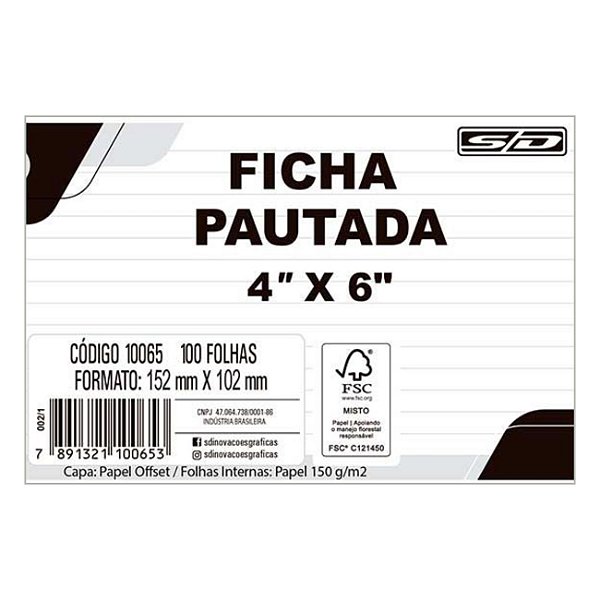 Ficha Pautada 4"x6" c/ 100 Folhas 152x102mm São Domingos