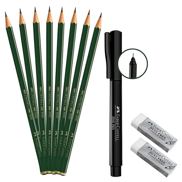 Kit Desenho Faber Faber Castell 9000 com Borracha Dust Free e Caneta Fine Pen 0.4