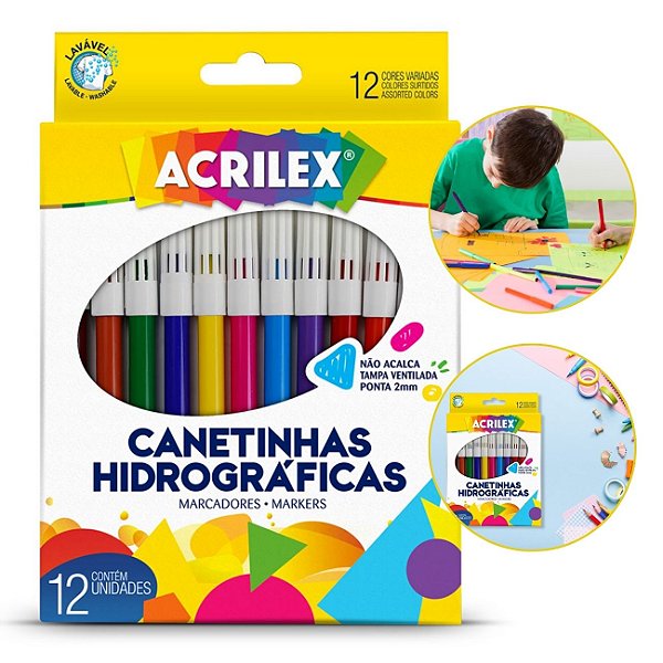 Canetinha Hidrográfica 12 cores Escolar Acrilex