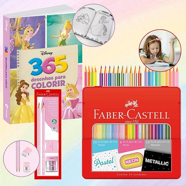 Kit para Colorir Princesas Faber-Castell com Lápis de Cor 24 Cores em Lata Especial