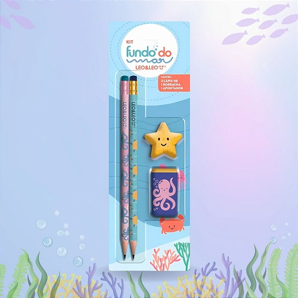 Kit Escolar Fundo do Mar 4 Peças com Lápis Preto Borracha Apontador Leonora