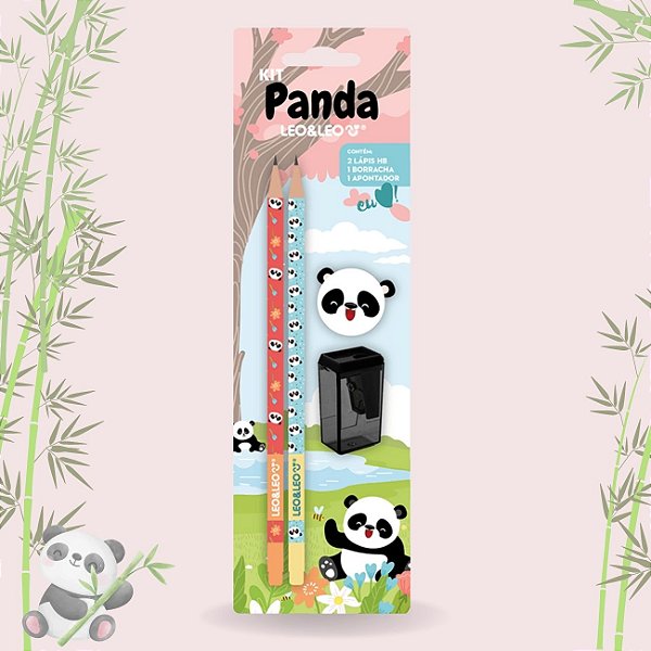 Kit Escolar Panda 4 Peças com Lápis Preto Borracha Apontador Leonora