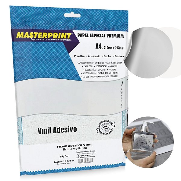 Filme Adesivo Vinil Prata Brilhante A4 135G/M² 10 Folhas Prova D'agua Masterprint
