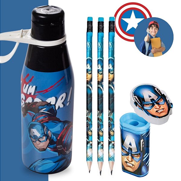 Kit Escolar Capitão América Lápis Borracha Apontador + Copo 530ml Plasútil Vingadores Infantil Ensino Fundamental 6pc