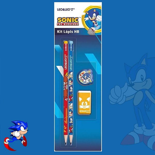 Kit Escolar Sonic 4 Peças com Lápis Preto Borracha Apontador Leonora