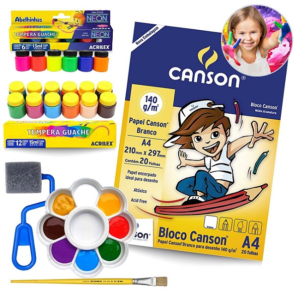 Kit Pintura Escolar com Tinta Guache 18 Cores Acrilex Bloco Canson 140g Pincel Rolinho e Gode