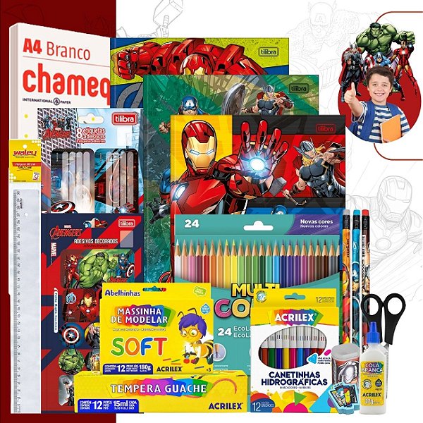Kit Material Escolar Avengers Volta As Aulas 74 itens com Cadernos Completo Ensino Fundamental ou Infantil
