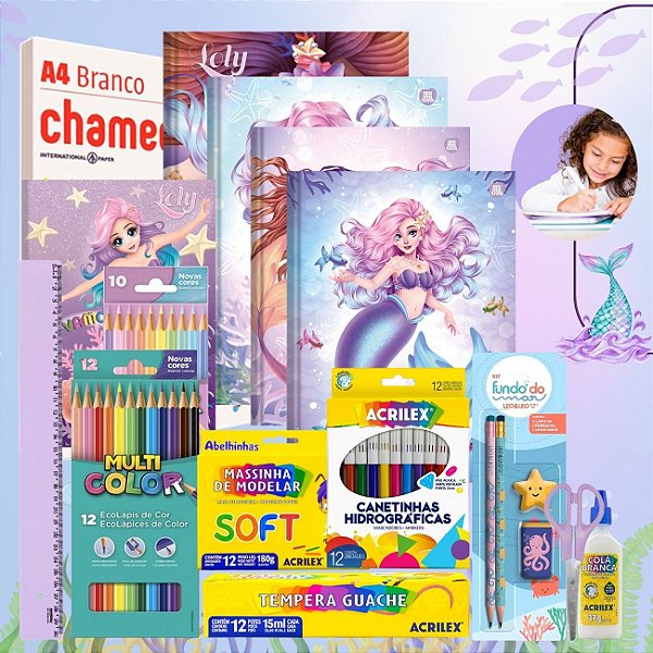 Kit Material Escolar Volta As Aulas Infantil 70 itens Sereia Loly para Ensino Fundamental ou Infantil
