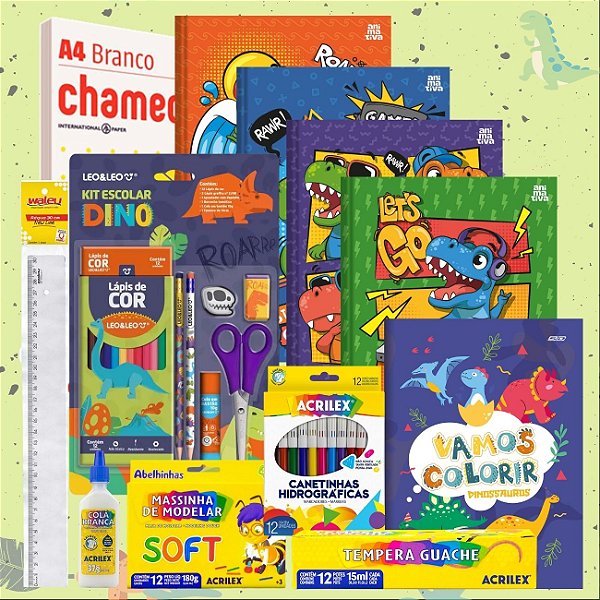 Kit Material Escolar Dinossauros Volta As Aulas 60 itens Completo Ideal para Ensino Fundamental ou Infantil
