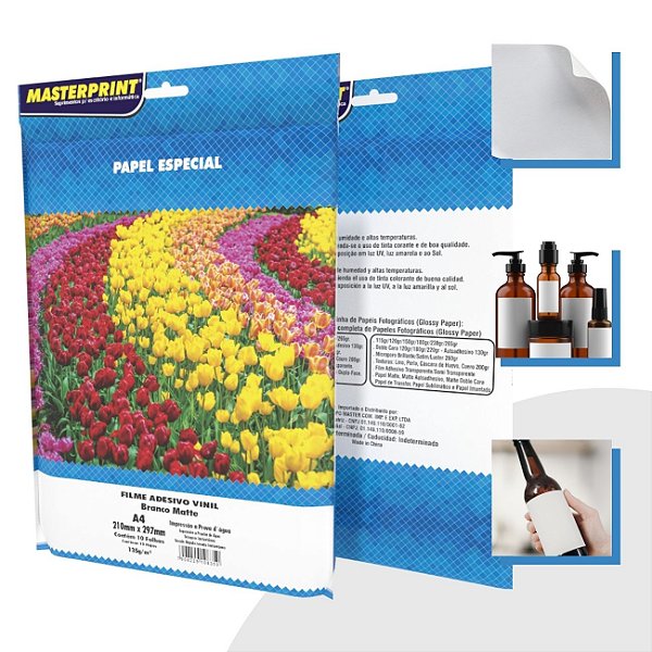 Filme Adesivo Vinil Branco Fosco Matte 135g A4 10 folhas Masterprint