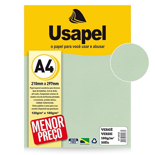 Papel Vergê A4 180g Pacote 50 Folhas Cor Verde Usapel