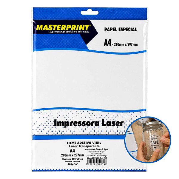 Vinil Transparente Adesivo A4 135g para Impressora Laser com 10 Folhas Masterprint
