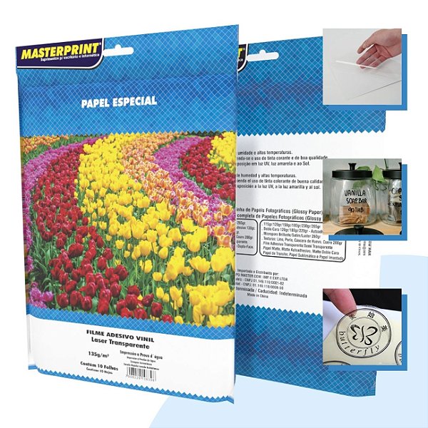 Vinil Transparente Adesivo 135g para Impressora a Laser A4 10 folhas Masterprint