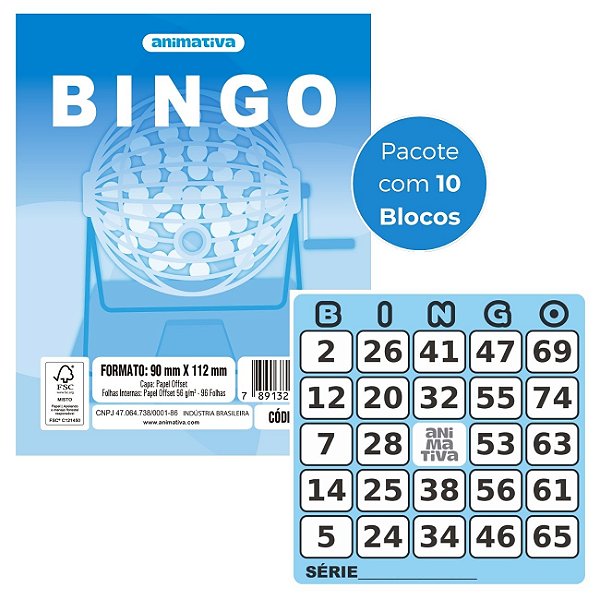 Bloco Cartela para Bingo 96 folhas Cor Azul Pacote com 10 Blocos - Animativa