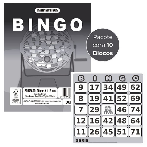 Bloco Cartela para Bingo 96 folhas Cor Cinza Pacote com 10 Blocos - Animativa