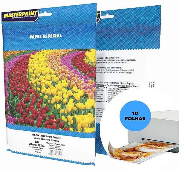 Vinil Branco Adesivo 135g para Impressora a Laser A4 10 folhas Masterprint