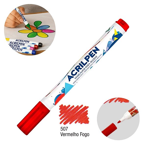 Caneta Marcador para Tecido Acrilpen 507 Vermelho Fogo Acrilex
