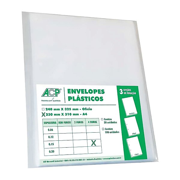 Envelope Plástico A4 4 Furos 0,15 pct c/100 - ACP
