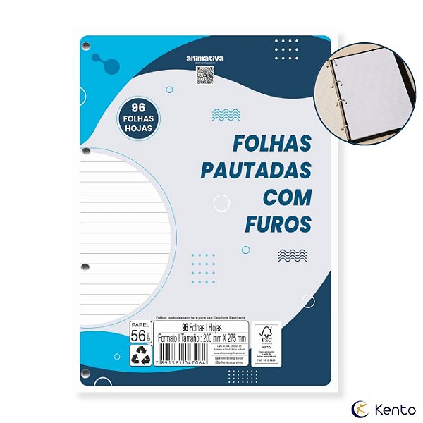 Bloco Folha para Fichário Caderno Argolado Refil 96 folhas 4 Furos Branco Animativa