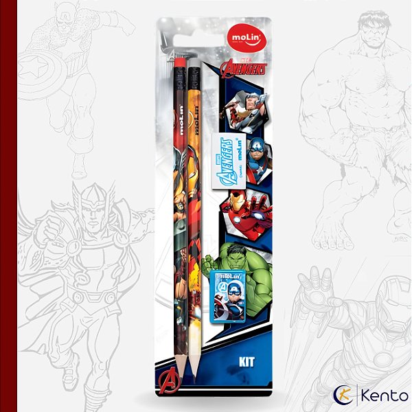 Kit Escolar Avengers 4 Peças com Lápis Preto Borracha Apontador Molin
