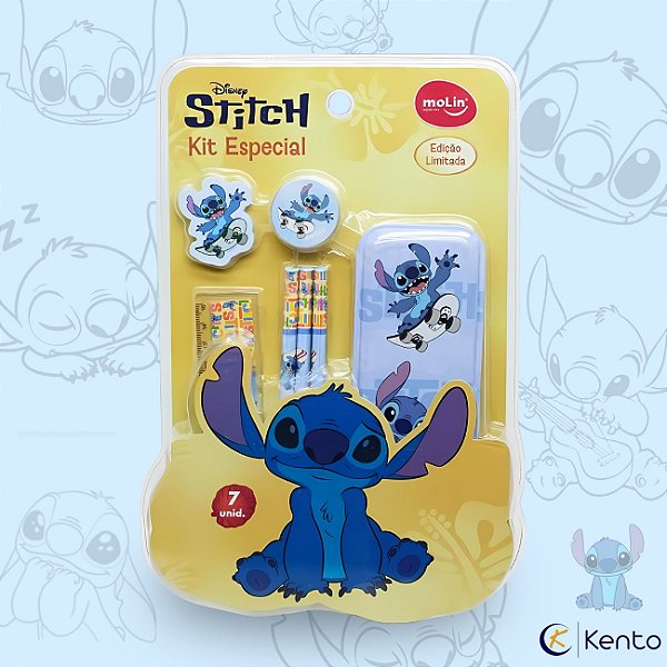 Kit Escolar Stitch 7 Peças com Estojo Lápis Preto Borracha Régua Apontador Molin