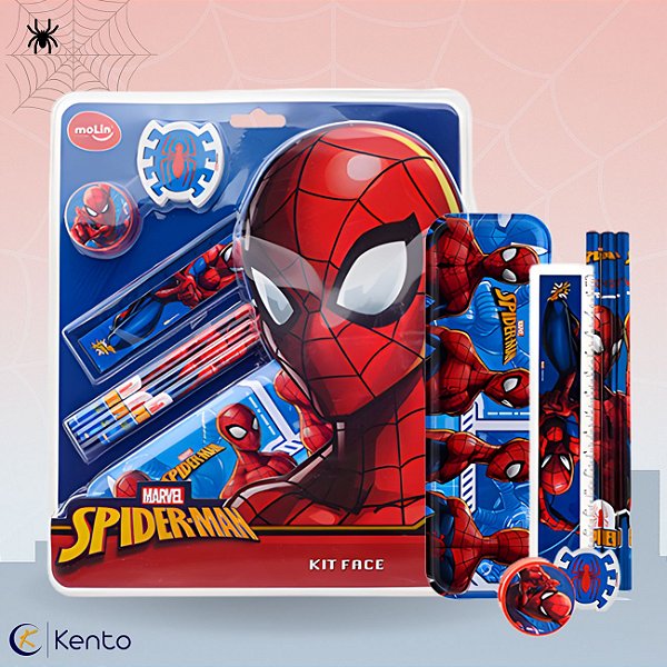 Kit Escolar Spider Man Homem Aranha 7 Peças com Estojo Lápis Preto Borracha Régua Apontador Molin