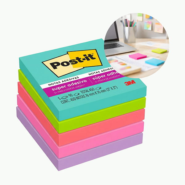 Bloco de Notas Super Adesivas Post-It Coleção Supernova Neon 76mm x 76mm c/ 5 Blocos