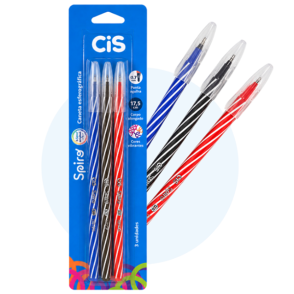 Caneta Esferográfica CIS Spiro Original 0.7mm Blister 3 Unidades Azul Preta Vermelha