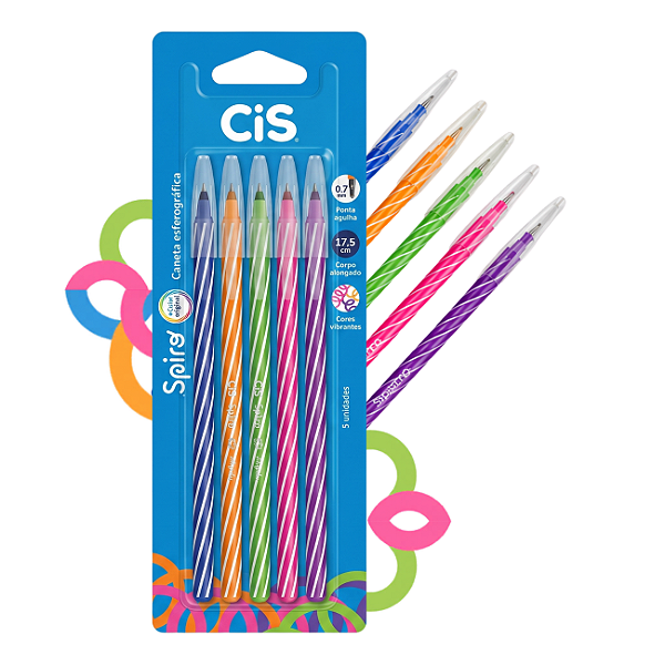 Caneta Esferográfica Cis Spiro 0.7mm Ponta Agulha – Blister com 5 Cores Vibrantes