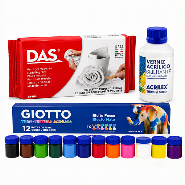 Kit Massa para Modelar DAS Branca 500g com Tinta Acrílica 12 Cores e Verniz Brilhante 100ml.