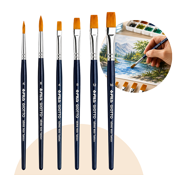 Kit 6 Pincéis Giotto Taklon Sintético Redondo e Chato para Pintura Aquarela Guache Acrílica