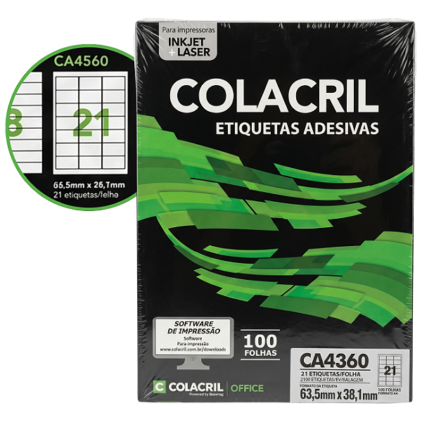 Etiqueta Adesiva A4 63,5x38,1mm Colacril CA4360 100 Folhas Brancas Inkjet Laser
