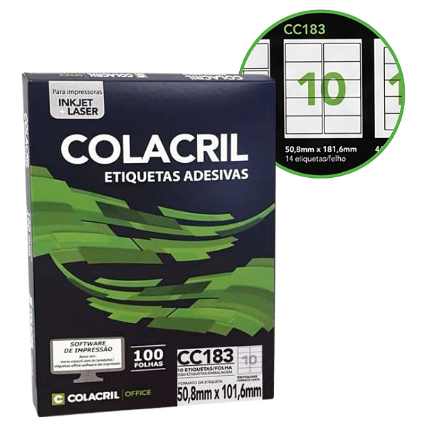 Etiqueta Adesiva Carta 50,8x101,6mm Colacril CC183 100 Folhas Brancas Inkjet Laser
