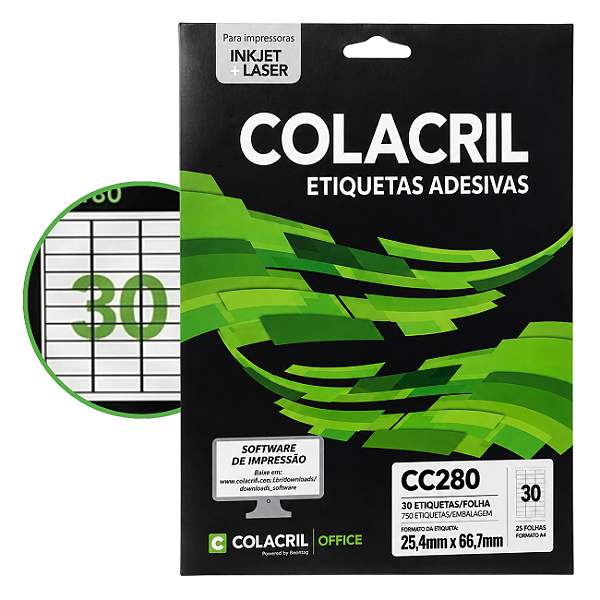 Etiqueta Adesiva Carta 25,4x66,7mm Colacril CC280 25 Folhas Brancas Inkjet Laser