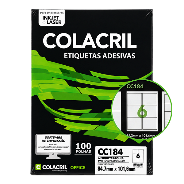 Etiquetas Adesivas Colacril CC184 84,7x101,6mm 100 Folhas 600 Etiquetas Inkjet Laser