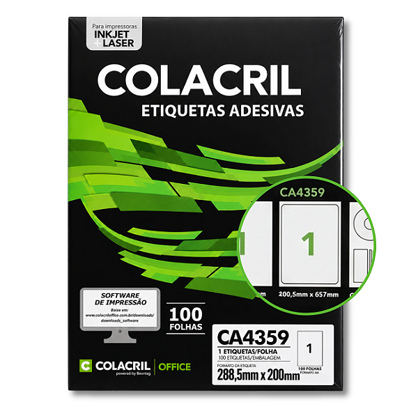 Etiqueta Adesiva Colacril A4 288,5x200mm CA4359 Branco InkJet e Laser 100 Folhas