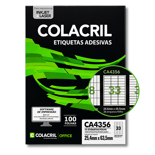 Etiqueta Adesiva Colacril A4 CA4356 25,4x63,5mm Branco 100 Folhas 3300 Etiquetas Inkjet Laser