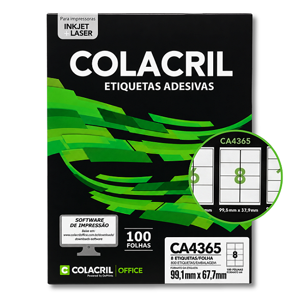 Etiquetas Adesivas Colacril CA4365 99,1x67,7mm A4 800 Etiquetas Inkjet Laser 100 Folhas