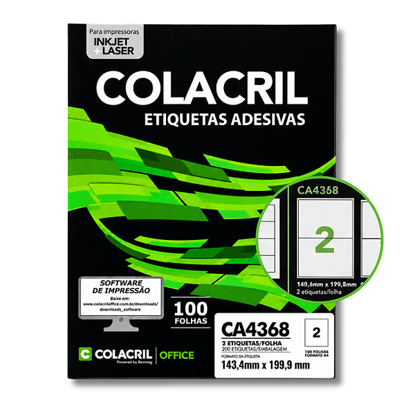 Etiqueta Adesiva Colacril A4 143,4x199,9mm CA4368 InkJet e Laser 100 Folhas 200 Etiquetas Branco