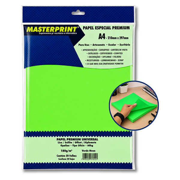 Papel Colorido Verde Neon A4 180g Masterprint com 20 Folhas Offset Premium