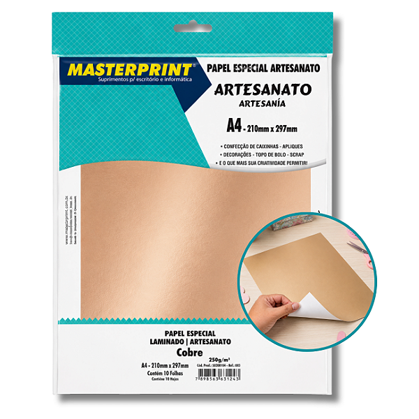 Papel Lamicote A4 250g Cobre Brilho Masterprint Pacote 10 Folhas Premium para Artesanato e Convites