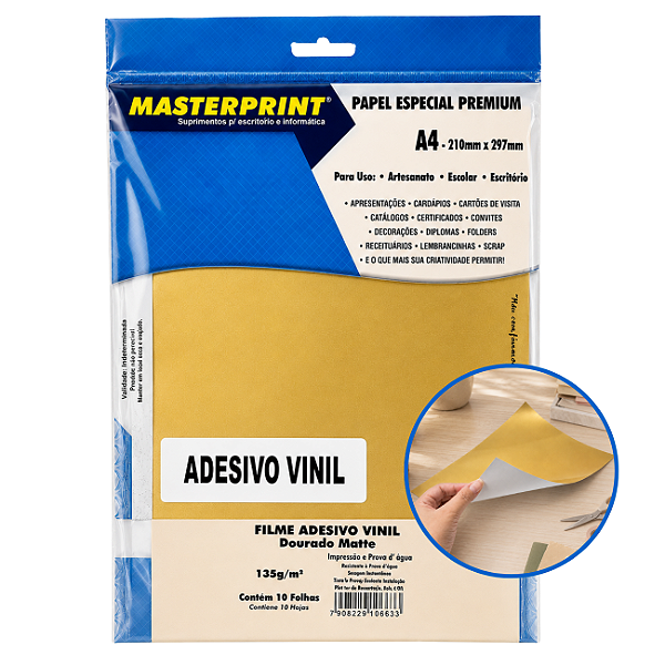 Filme Adesivo Vinil Dourado Matte A4 135g/m² Masterprint 10 Folhas Prova D’Água para Jato de Tinta