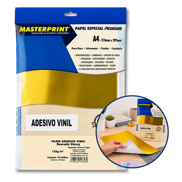 Filme Adesivo Vinil Dourado Brilhante A4 135g/m² Glossy 10 Folhas Prova D’Água para Impressora Jato de Tinta Masterprint